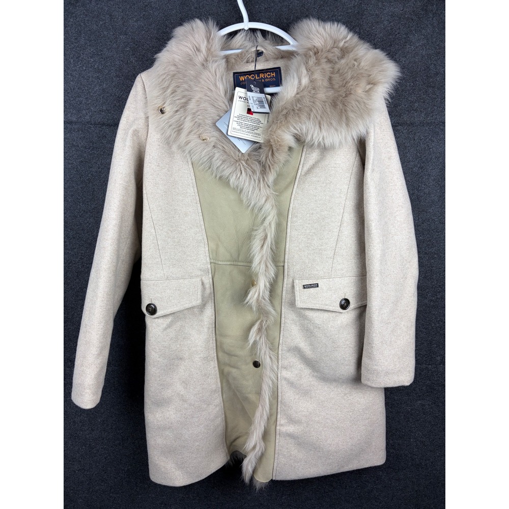 Woolrich John Rich & Bros Emily Fur Coat Cream Wool Cashmere Lamb Trim Small NWT
